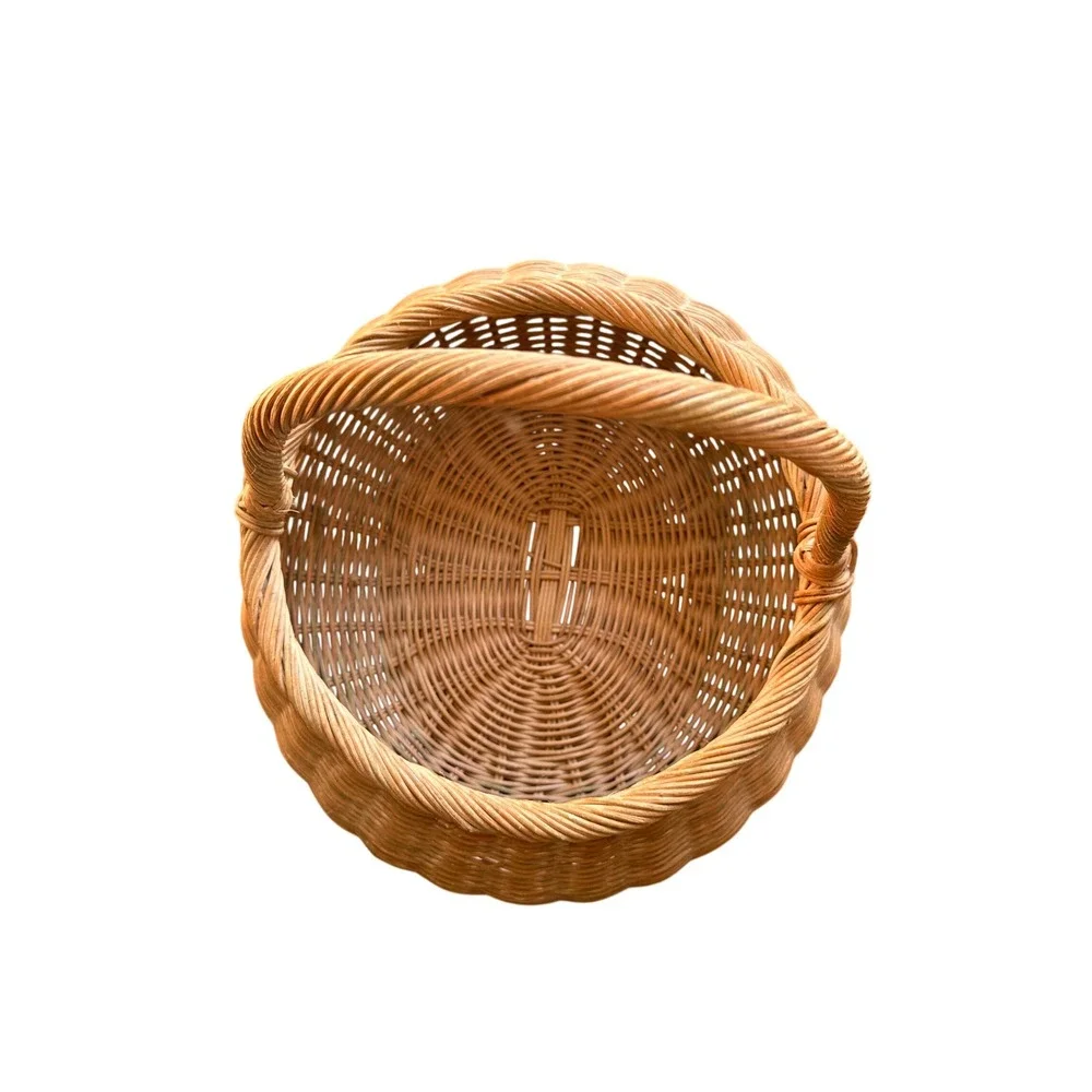 Vintage Wicker Market Basket Round Handwoven Rattan Boho Farmhouse Decor Handle